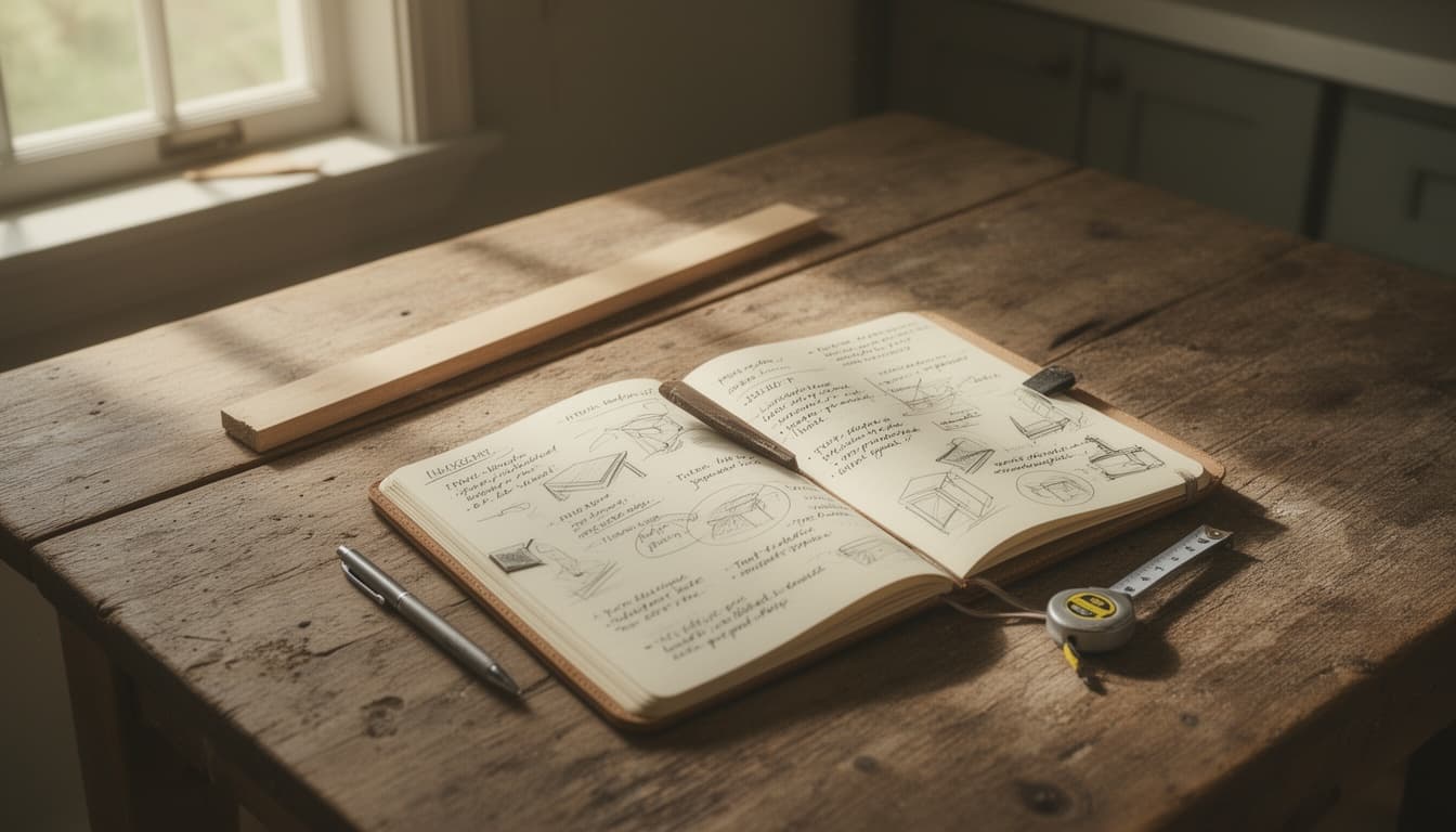 Caderno de manutenção da casa aberto sobre mesa de madeira, com anotações escritas à mão, caneta e fita métrica ao lado, sob luz natural suave.