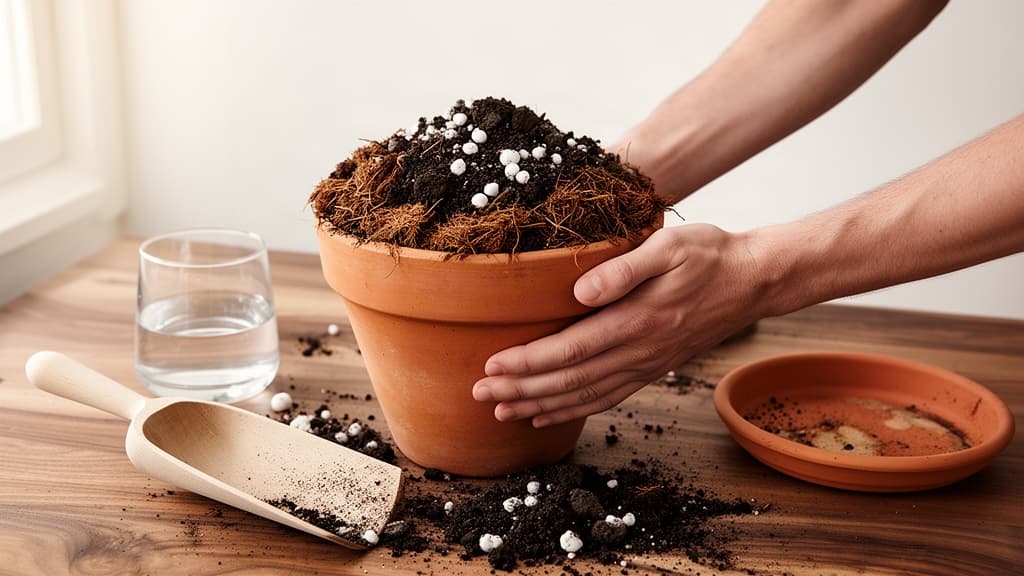 Mãos preparando uma mistura de substrato solta e aerada em vaso de barro, com fragmentos brancos e fibras visíveis, sobre bancada de madeira com copo de água ao lado