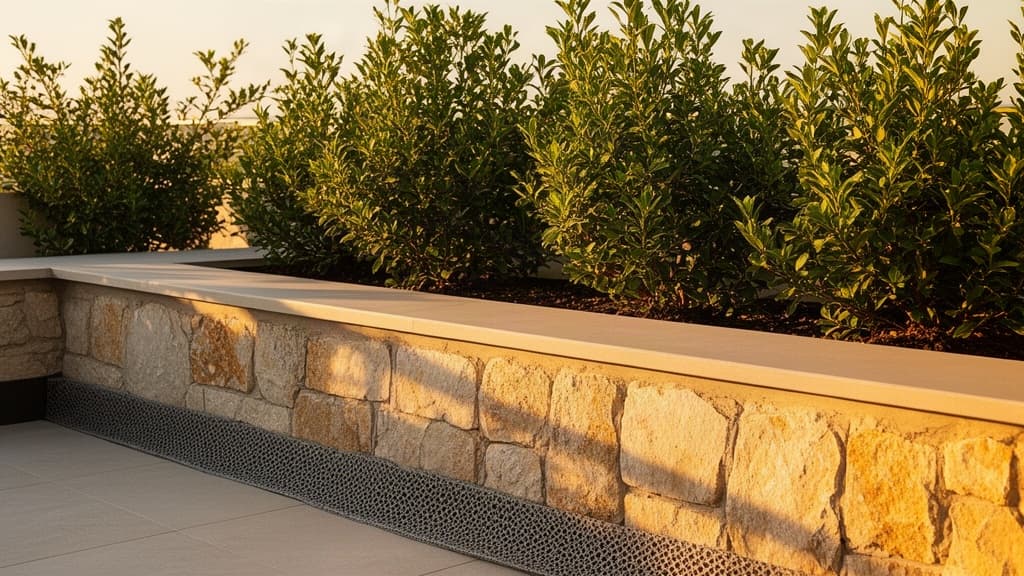 Canteiro elevado integrado à arquitetura de um terraço, com iluminação dourada que destaca a textura dos materiais naturais e a vegetação saudável
