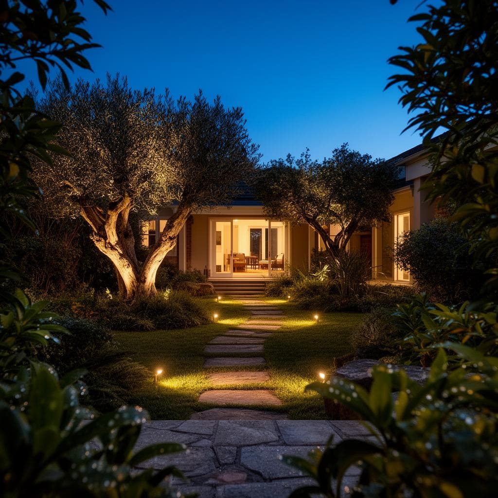 Jardim no fim da tarde iluminado por três camadas de luz: balizas ao longo do caminho, foco em uma árvore e brilho suave vindo da casa.