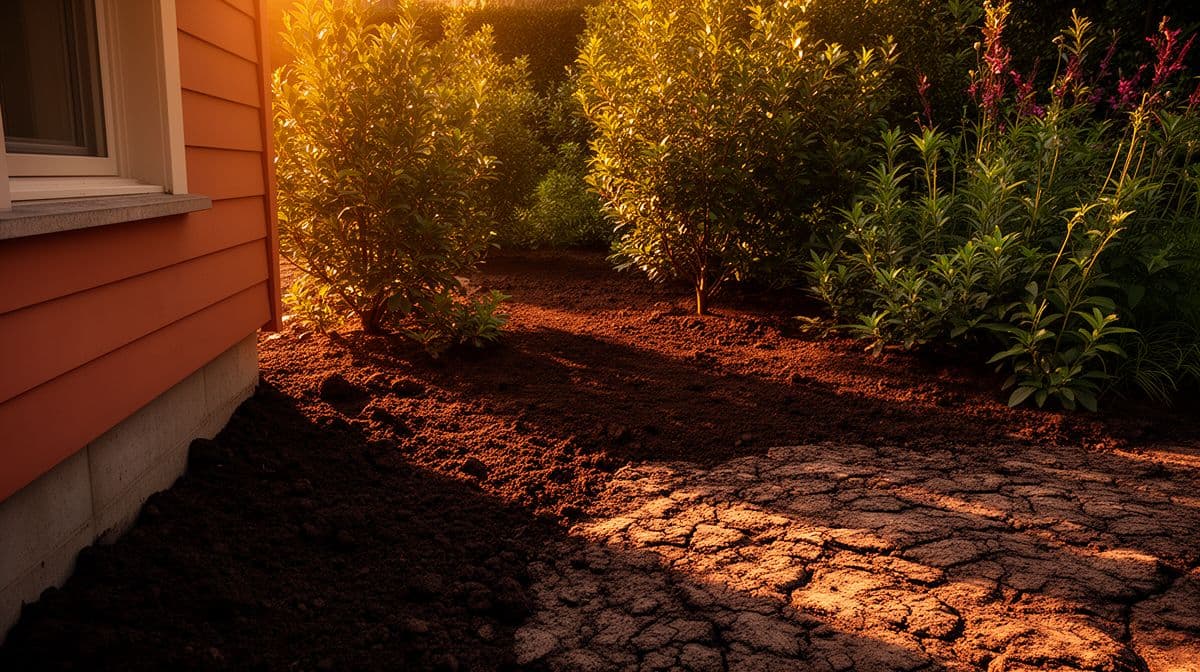 Jardim residencial ao entardecer mostrando a textura solta da terra em um canteiro ao lado de uma área compactada, com luz dourada atravessando a vegetação.
