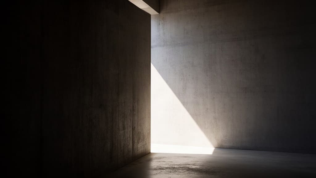 Uma parede interna espessa com textura visível, dividida por uma sombra nítida e luz solar direta, criando um contraste geométrico e minimalista